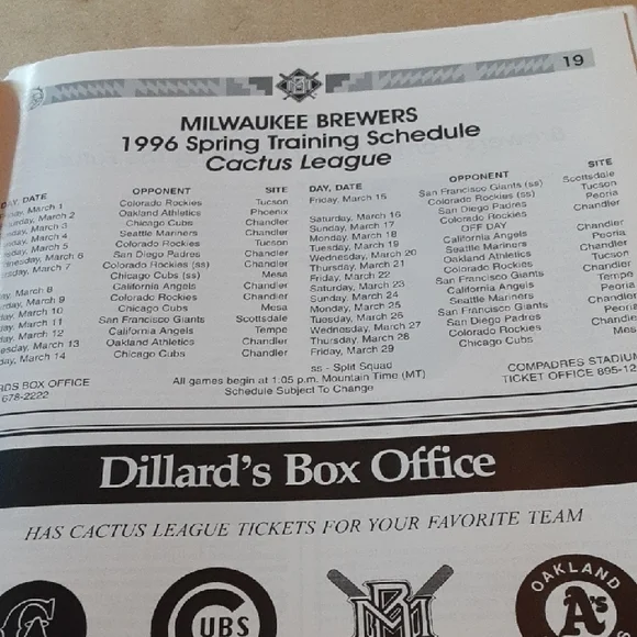 Brewers MLB Spring Training 1996 Program - Picture 5 of 8